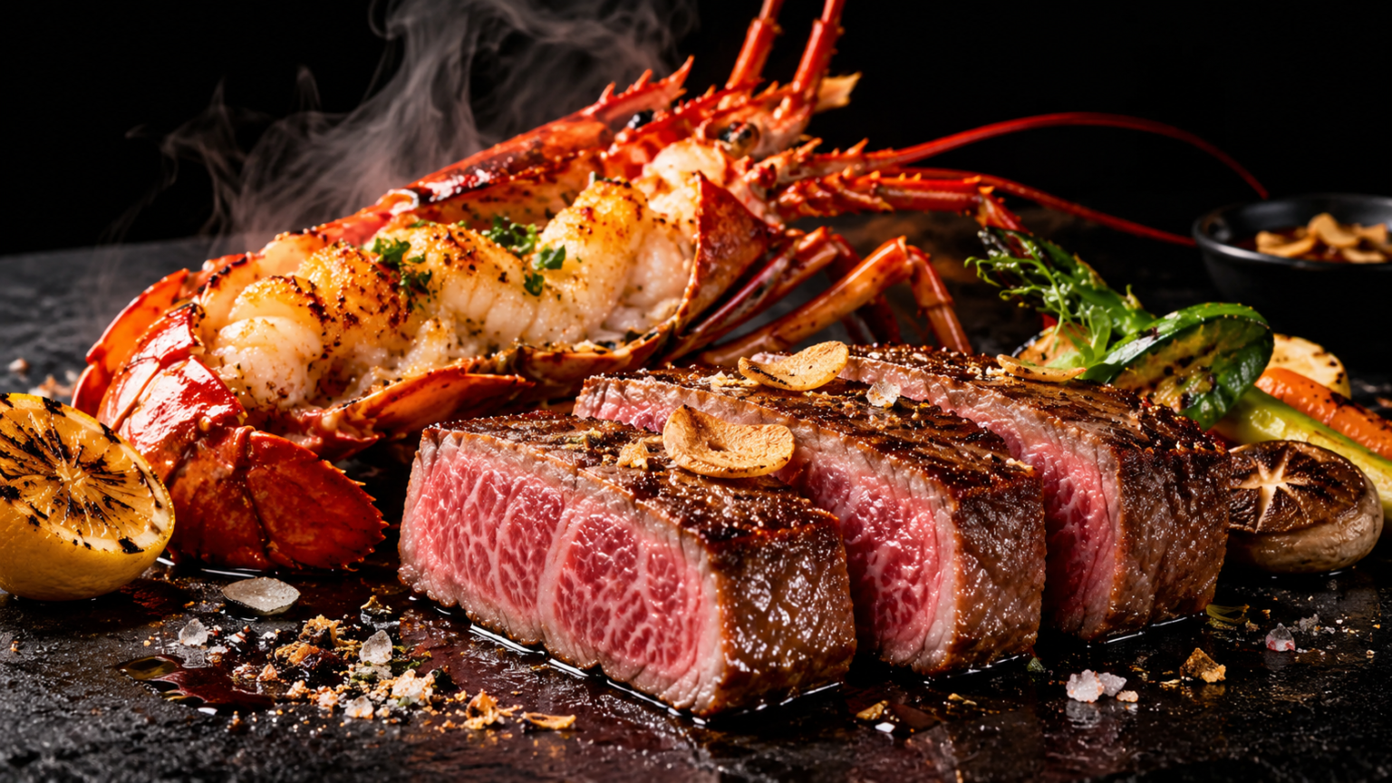 A5 Miyazaki Wagyu steak and grilled lobster for a luxury private dining experience in Bali