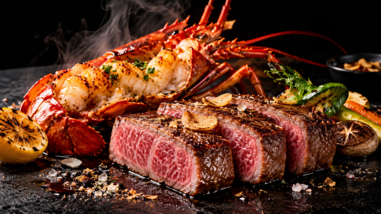 A5 Miyazaki Wagyu steak and grilled lobster for a luxury private dining experience in Bali
