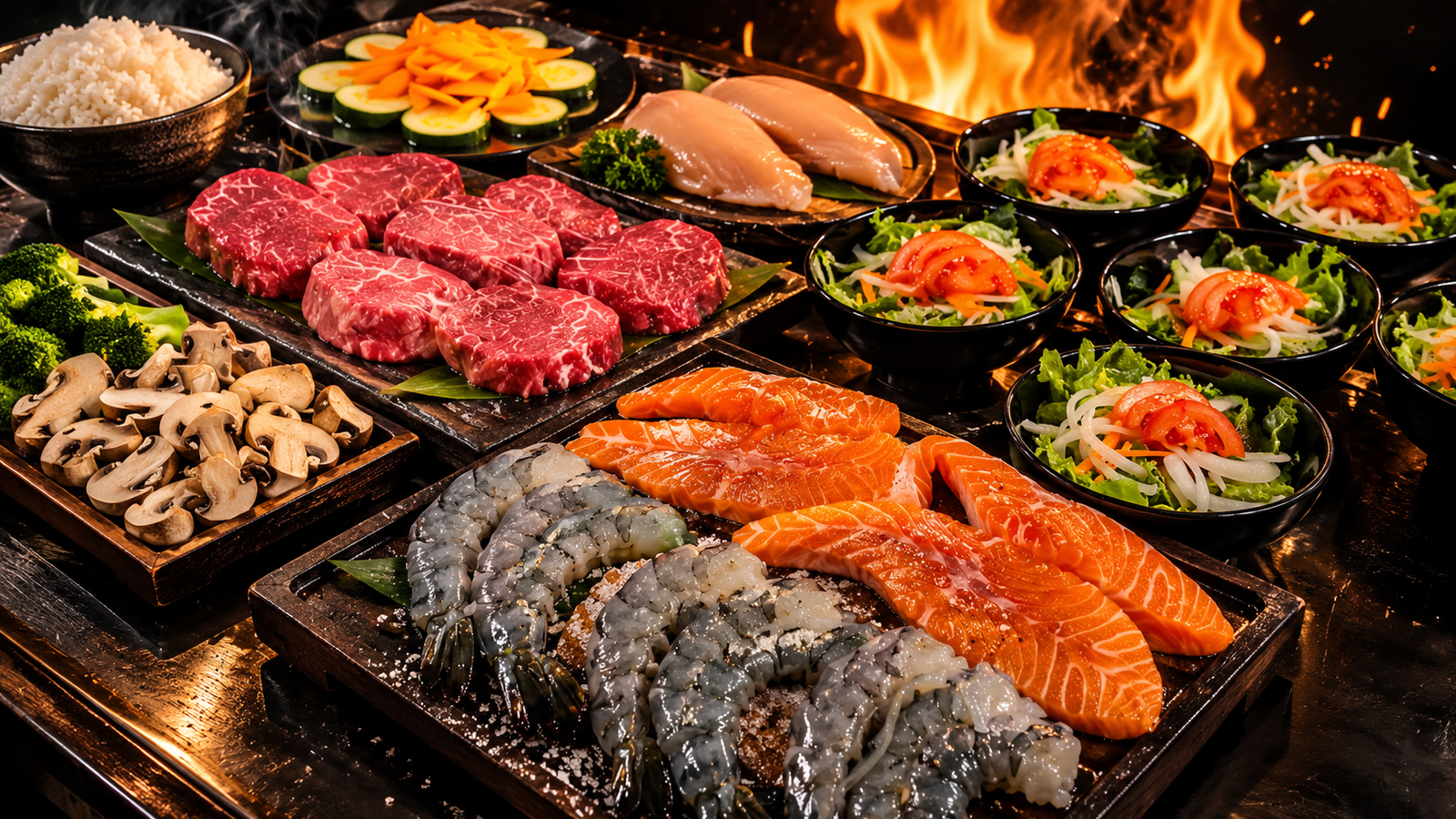 Hibachi Bali menu featuring premium steak, salmon, shrimp, chicken, fresh vegetables, and salad with dramatic fire background