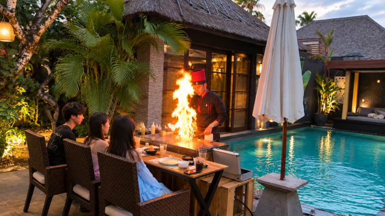 Private Hibachi chef performing live-fire cooking for guests at a luxury Bali villa with a swimming pool