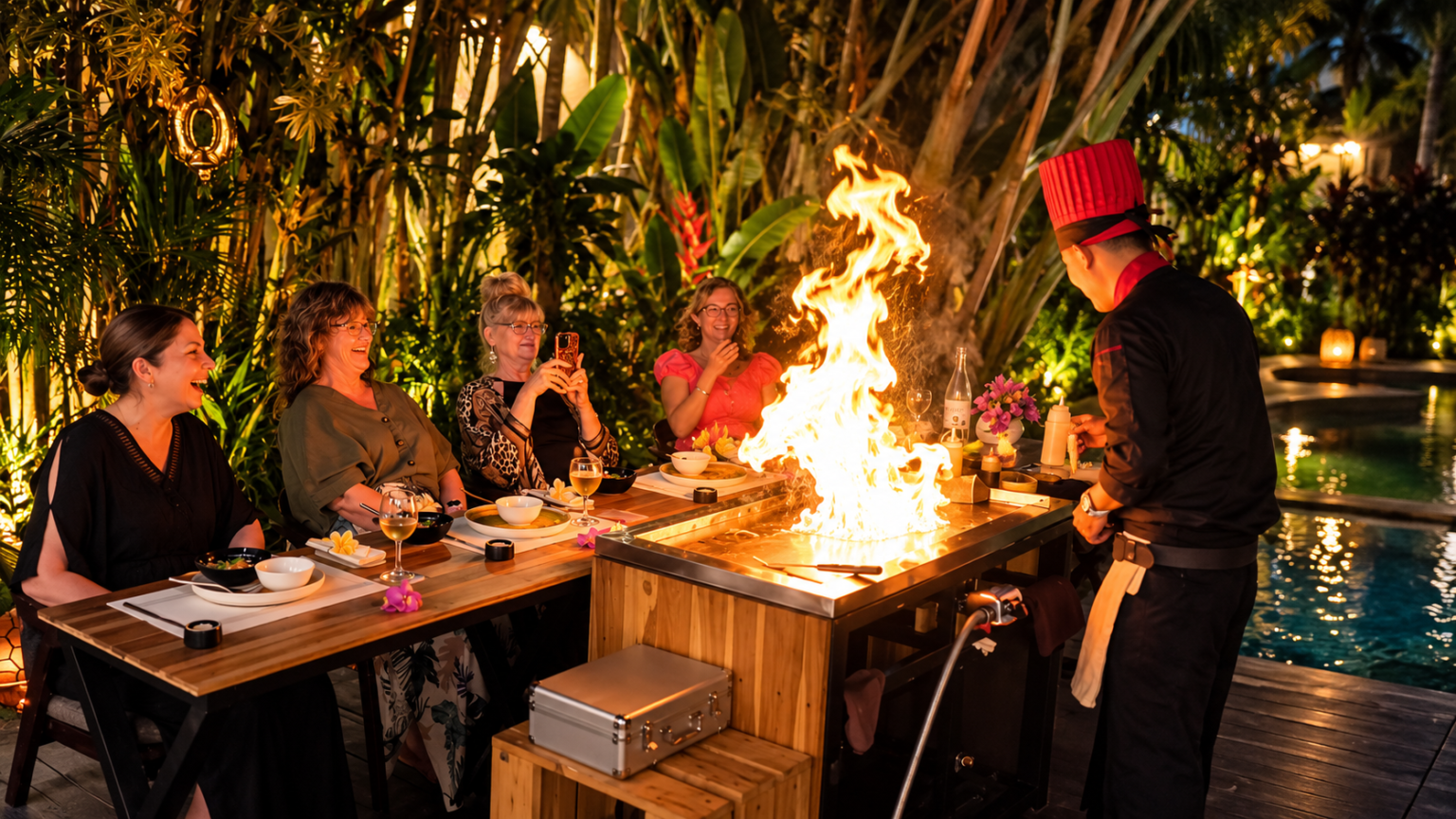 Private Hibachi chef creating a live-fire cooking show for guests at an outdoor dinner in Bali