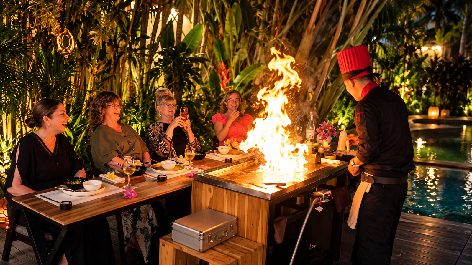 Private Hibachi chef creating a live-fire cooking show for guests at an outdoor dinner in Bali